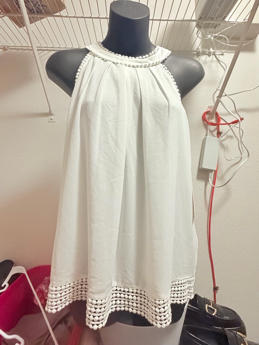 Naked Zebra White Halter Swing Top with Crochet Trim